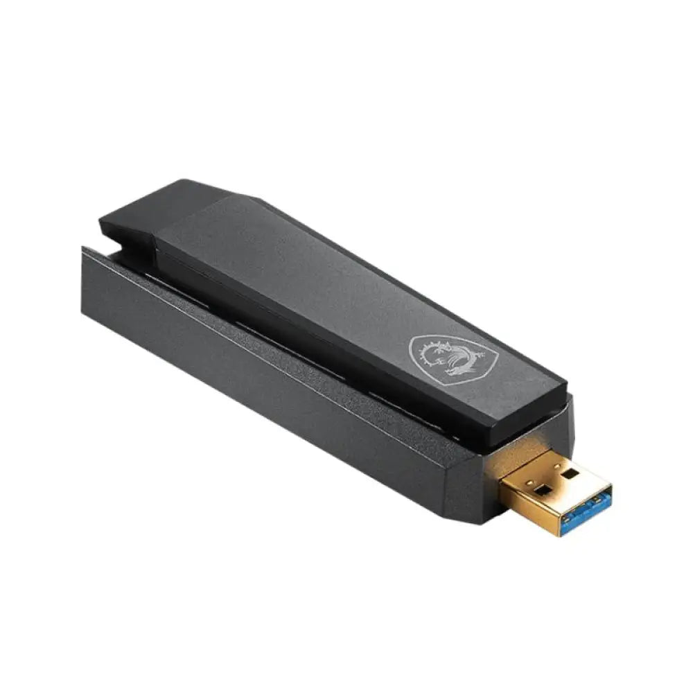 Adaptador USB inalámbrico MSI AX1800 WiFi 6 rojo, muestra el diseño compacto y la antena del dispositivo.