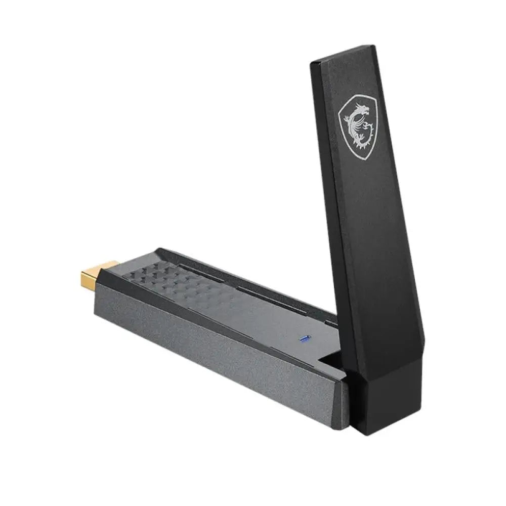 Adaptador USB WiFi 6 MSI GUAX18 AX1800 con antena roja para conexión inalámbrica estable y rápida.