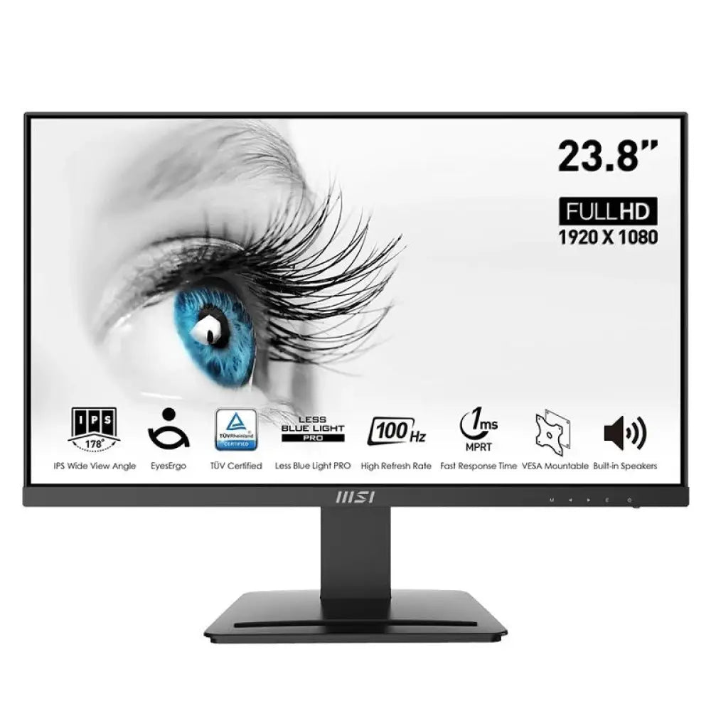 Monitor MSI MP243X de 23.8 pulgadas con pantalla IPS FHD, tasa de refresco 100Hz, puertos HDMI y DisplayPort.