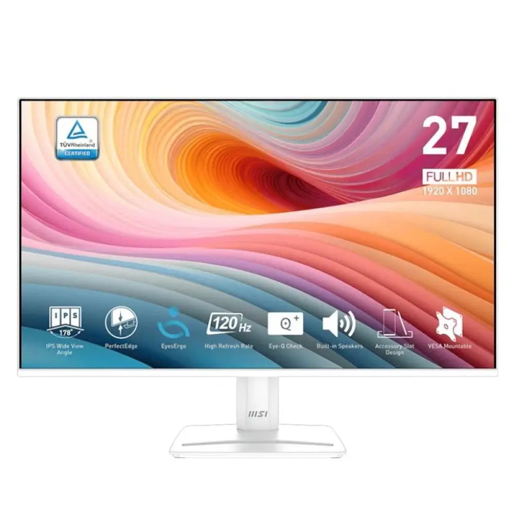 Monitor LED MSI MP275W E2 de 27 pulgadas con pantalla IPS, 120Hz, puertos VGA y HDMI, pantalla clara y moderna.