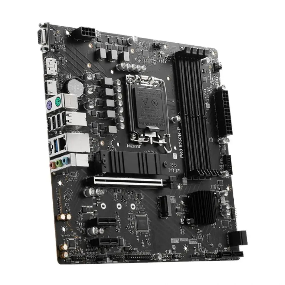 Placa base MSI PRO B760M-P DDR5 mATX con socket LGA1700 para procesadores Intel, vista frontal con puertos y ranuras de expansión