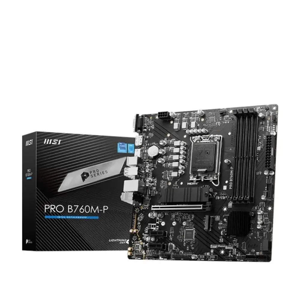 Placa base MSI PRO B760M-P DDR5 mATX con socket Intel LGA1700 para ensamblaje de PC compacto y rendimiento eficiente.