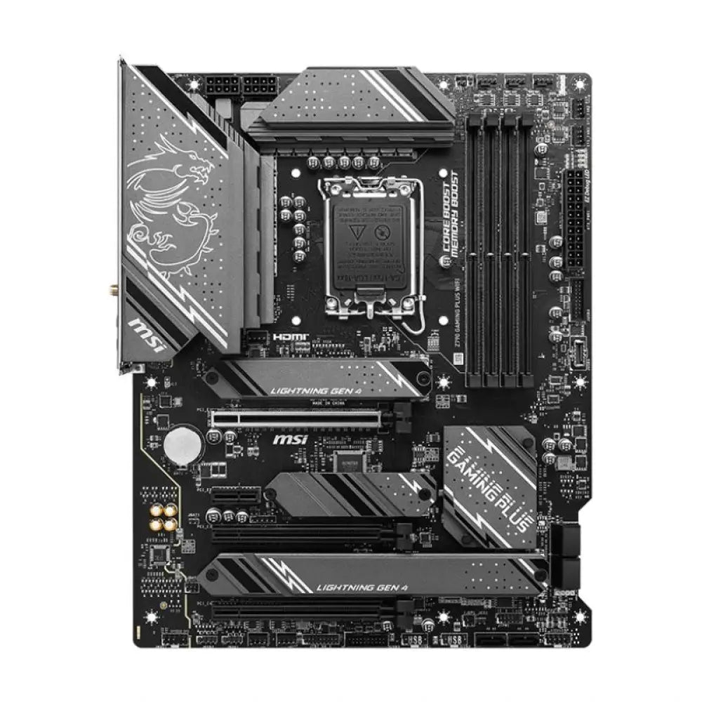 Placa base MSI Z790 Gaming Plus WiFi con socket Intel 1700, soporte DDR5, formato ATX, vista frontal con componentes.
