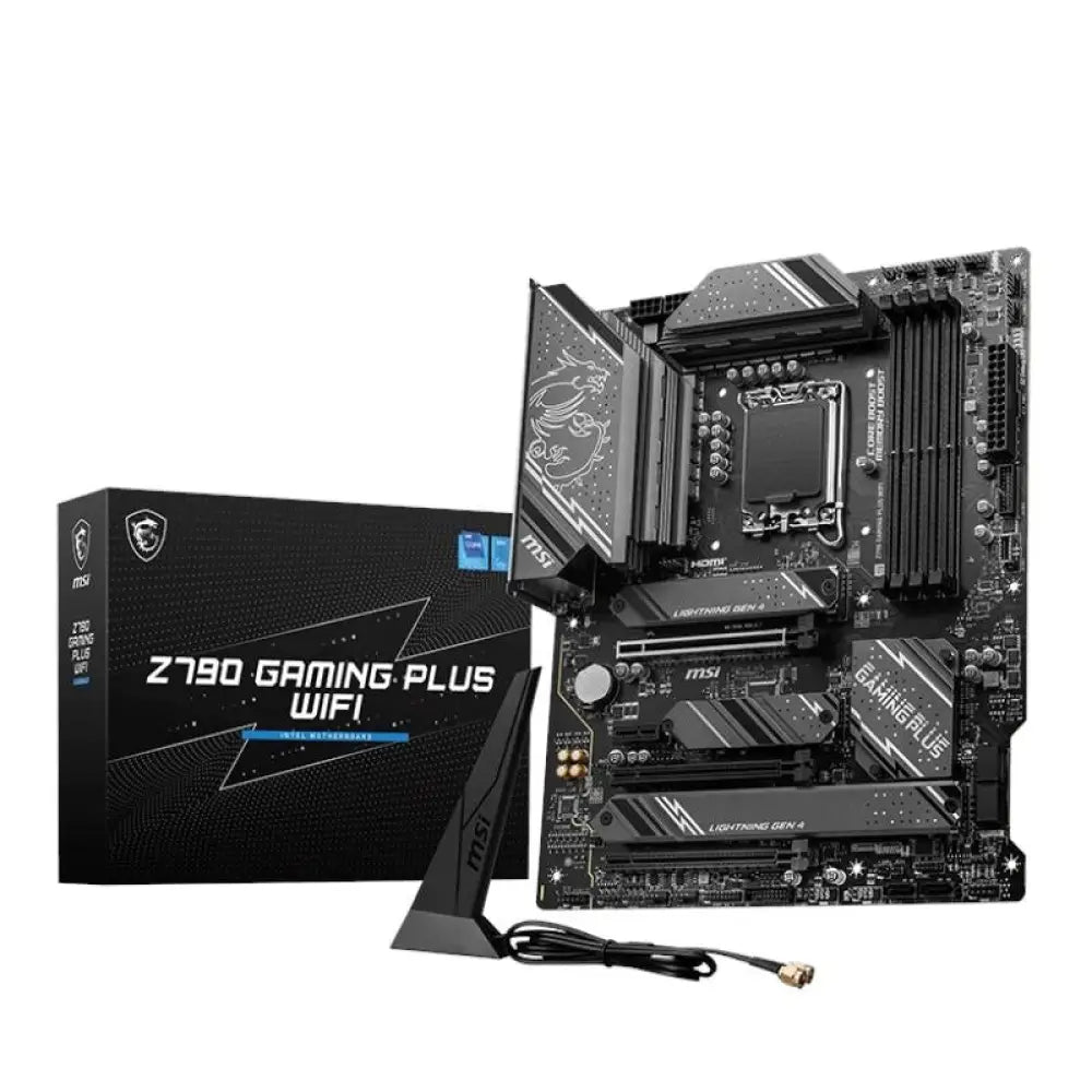 Placa base MSI Z790 GAMING PLUS WIFI DDR5 ATX para procesadores Intel socket 1700, vista frontal con ranuras y conectores.