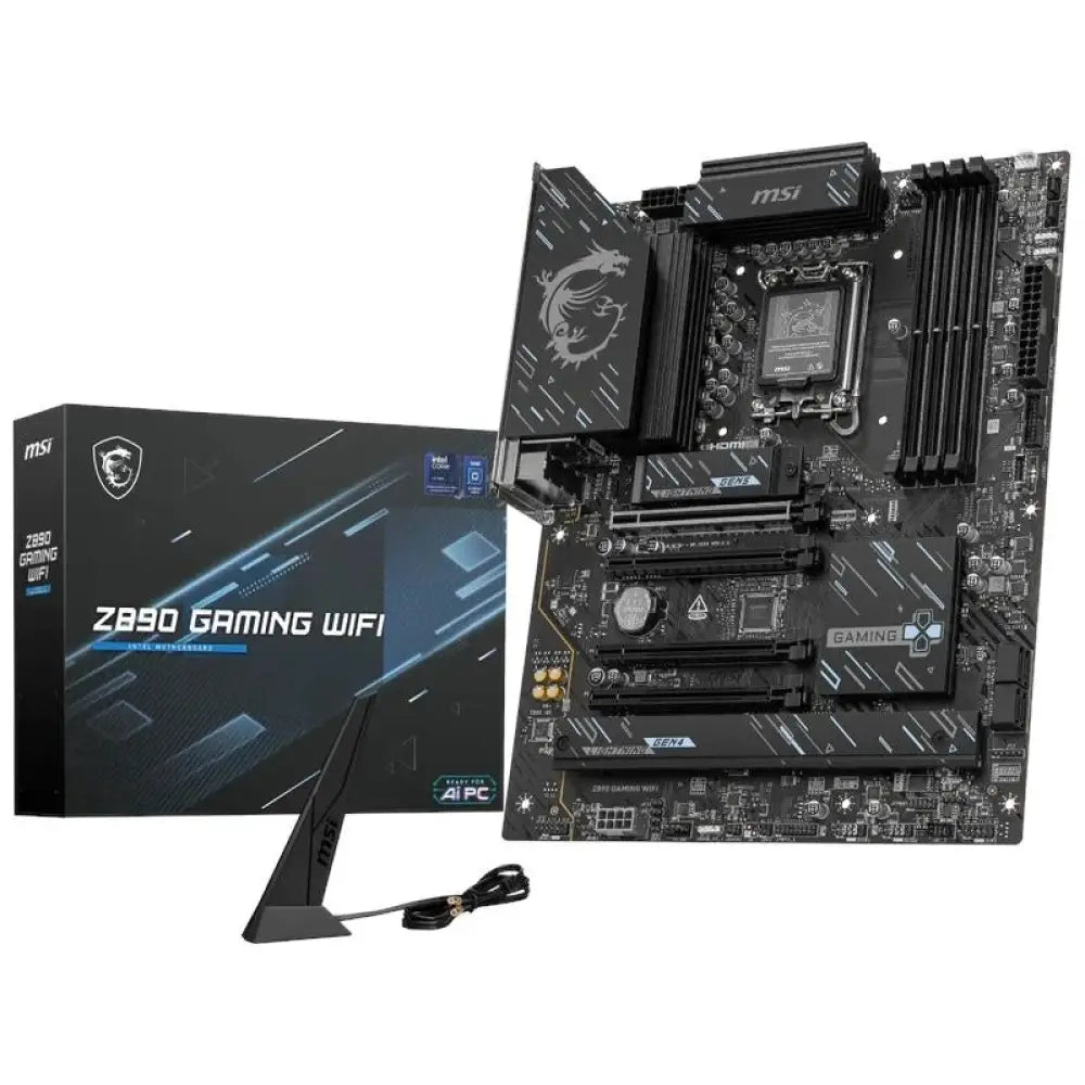 Placa base MSI Z890 GAMING WIFI DDR5 ATX con socket Intel LGA 1851 y conectividad Wi-Fi, vista desde arriba.