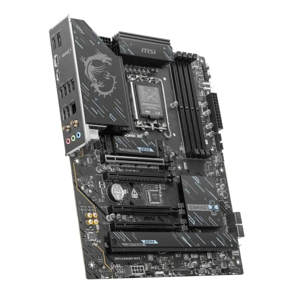 Placa base MSI Z890 GAMING WIFI DDR5 ATX para socket Intel LGA1851, vista de la tarjeta con puertos y componentes.