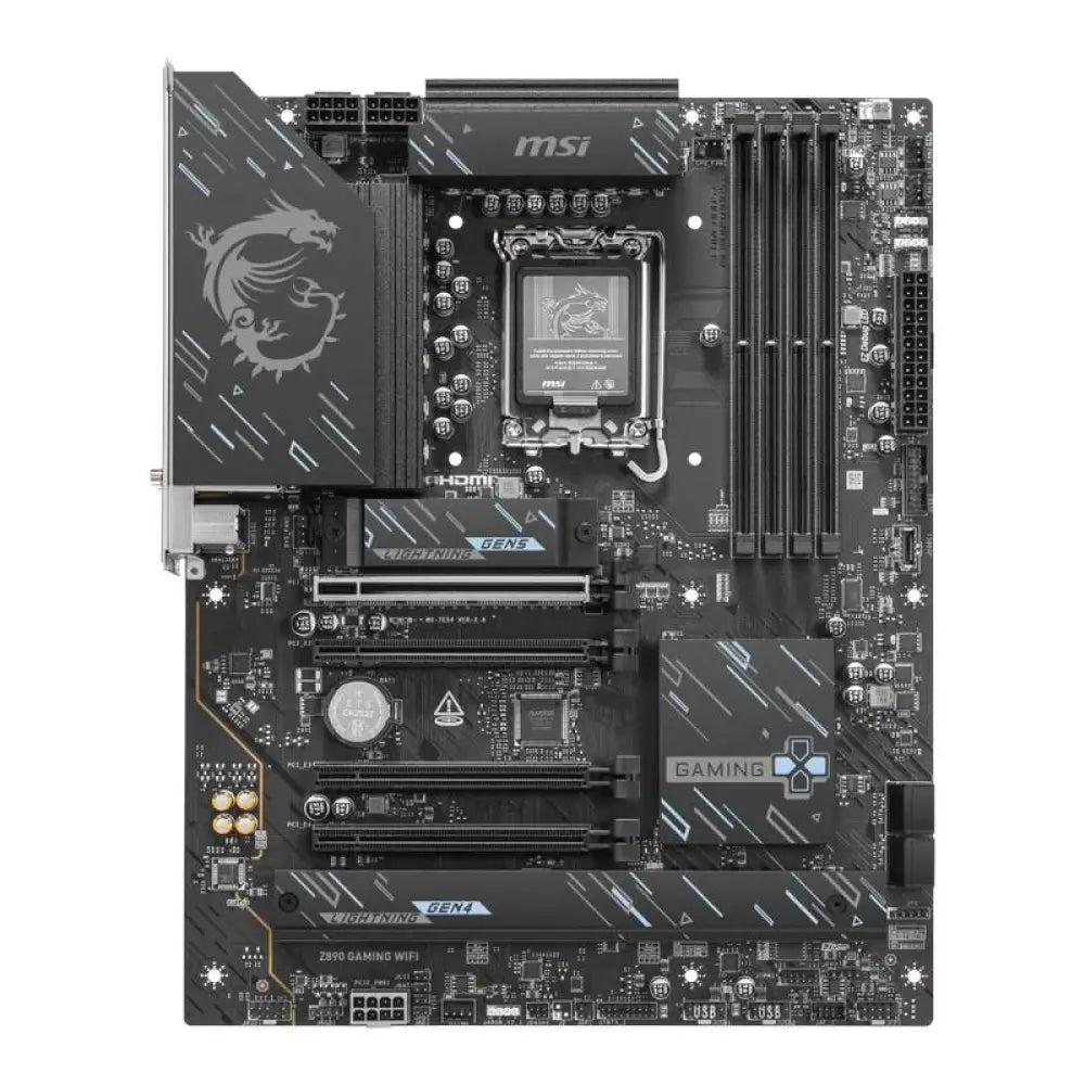 Placa base MSI Z890 GAMING WIFI DDR5 ATX con socket LGA 1851 y conectividad Wi-Fi, vista lateral en la imagen.