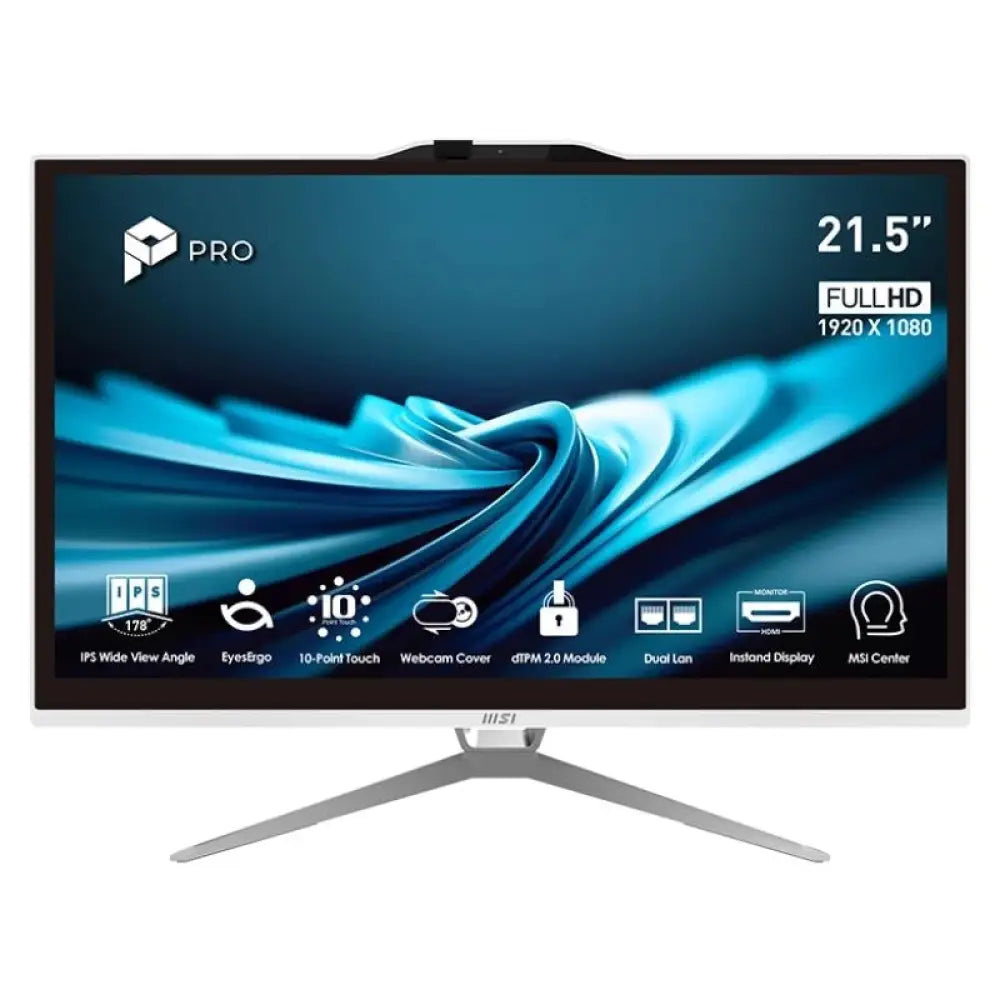 Pantalla todo en uno MSI Pro AP222T-490EU con procesador i3-14100, 8 GB RAM, 256 GB SSD y Windows 11 Home en un diseño compacto