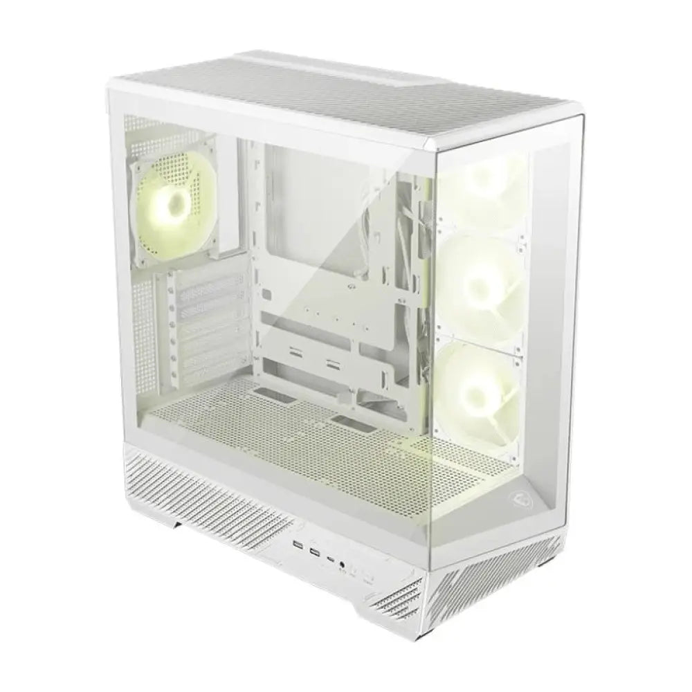 Caja semitorre MSI MAG PANO 130R PZ blanca, diseño moderno y ventilada para componentes de PC en imagen.