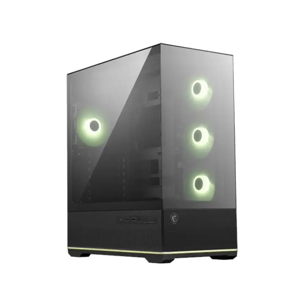 Gabinete semitorre MSI MAG PANO 110R PZ con diseño moderno y ventilación adecuada, vista frontal del producto.