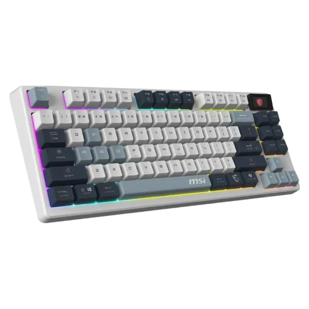 Teclado inalámbrico MSI Forge GK600 TKL con luz azul, diseño compacto y conectividad Bluetooth para gaming y oficina.