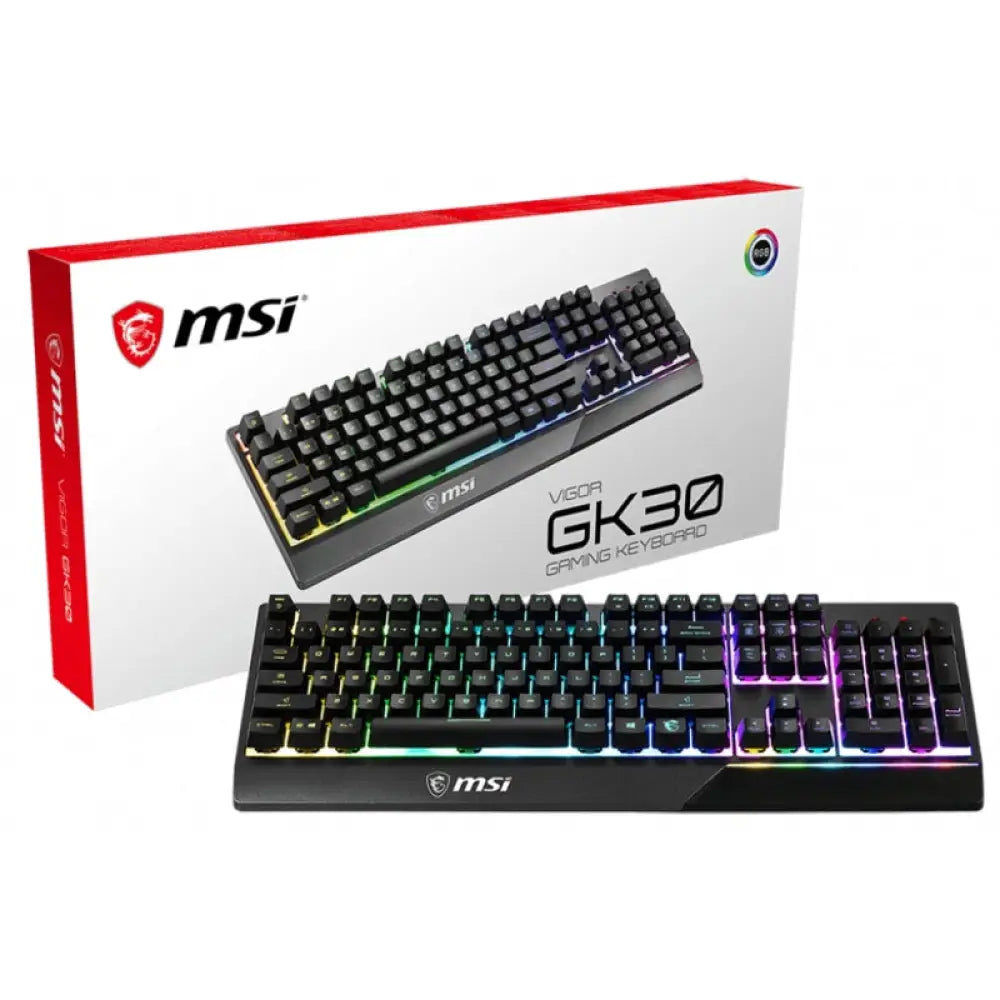 Teclado gaming MSI Vigor GK30 en español, con diseño USB y teclas mecánicas para juegos, vista frontal del teclado en color negro.