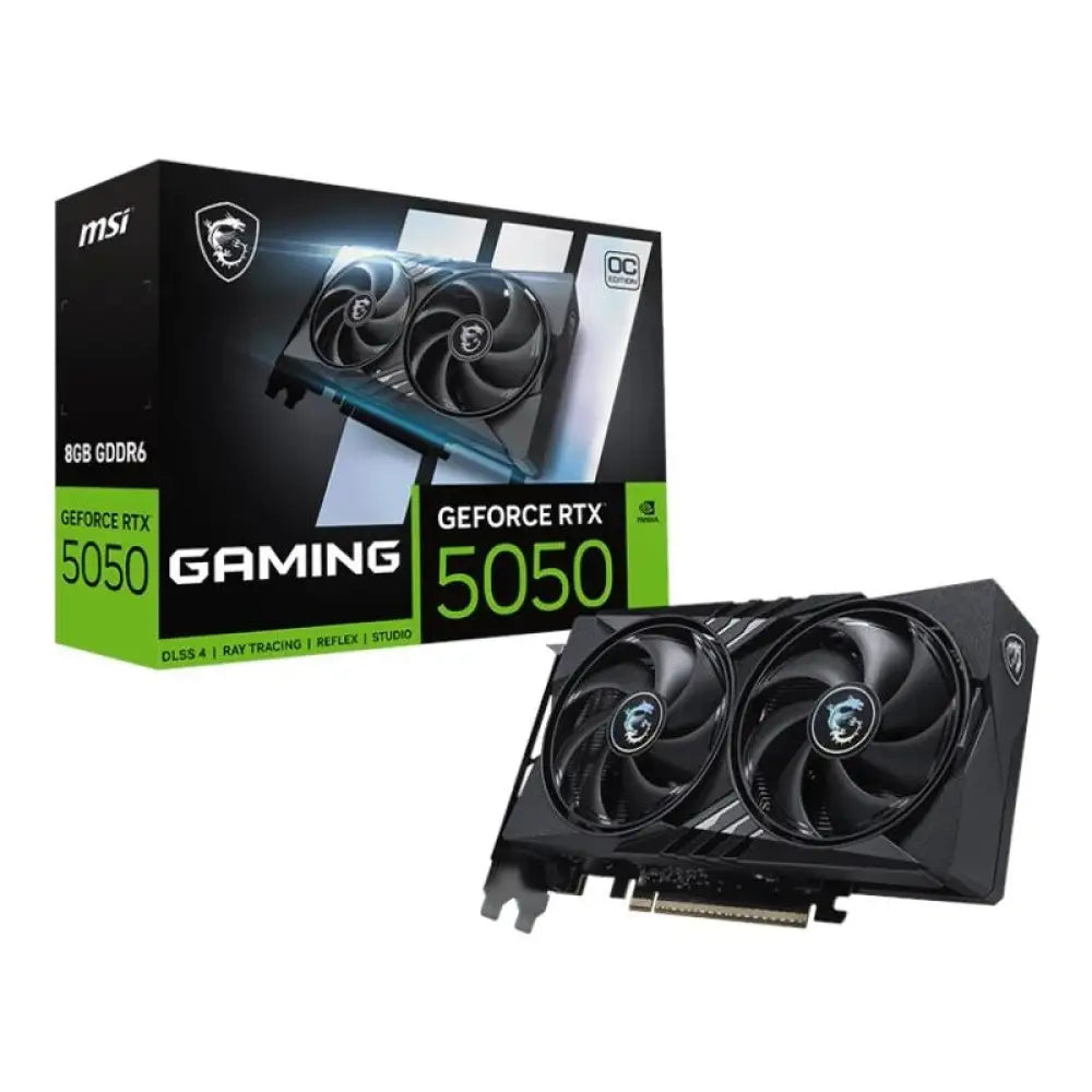 Tarjeta gráfica MSI NVIDIA RTX 5050 8G GAMING OC DDR6 con disipador y puertos de video en la imagen