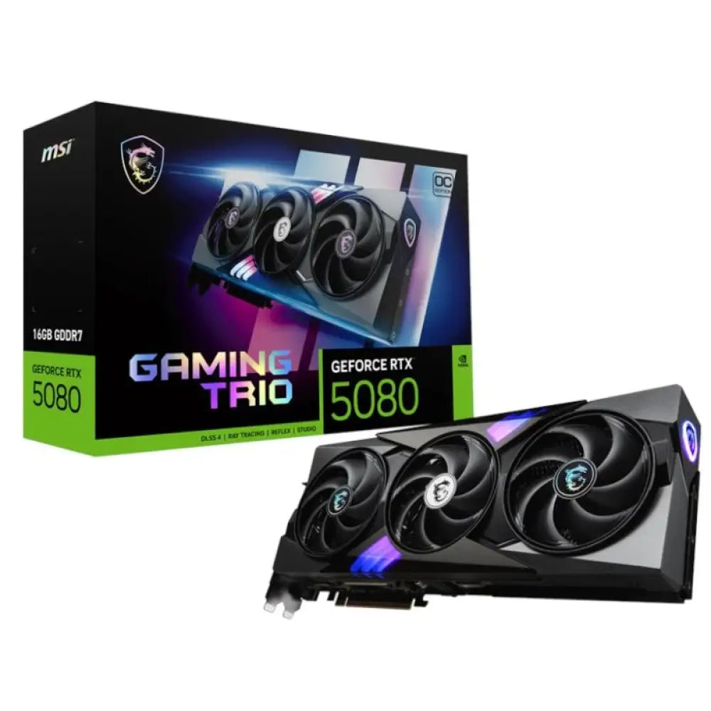 Tarjeta gráfica MSI NVIDIA RTX 5080 GAMING TRIO OC de 16GB con memoria DDR7, vista lateral con disipador y conexiones traseras