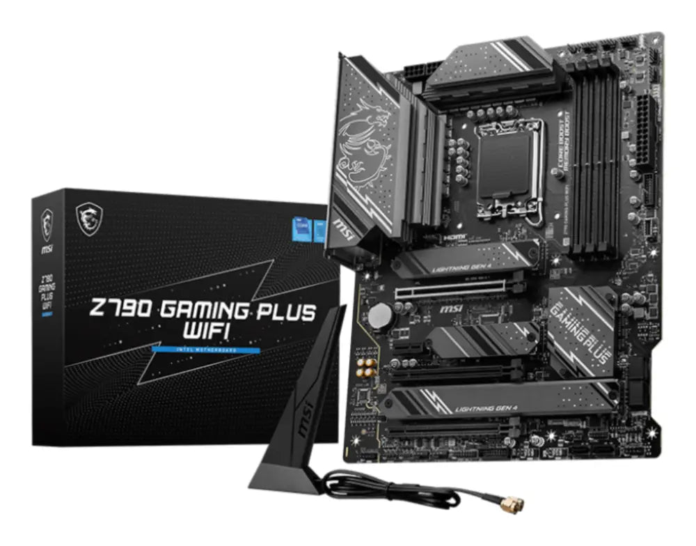 Placa base MSI Z790 GAMING PLUS WIFI con sockets LGA 1700, ranuras DDR5 y formato ATX para gaming y rendimiento.