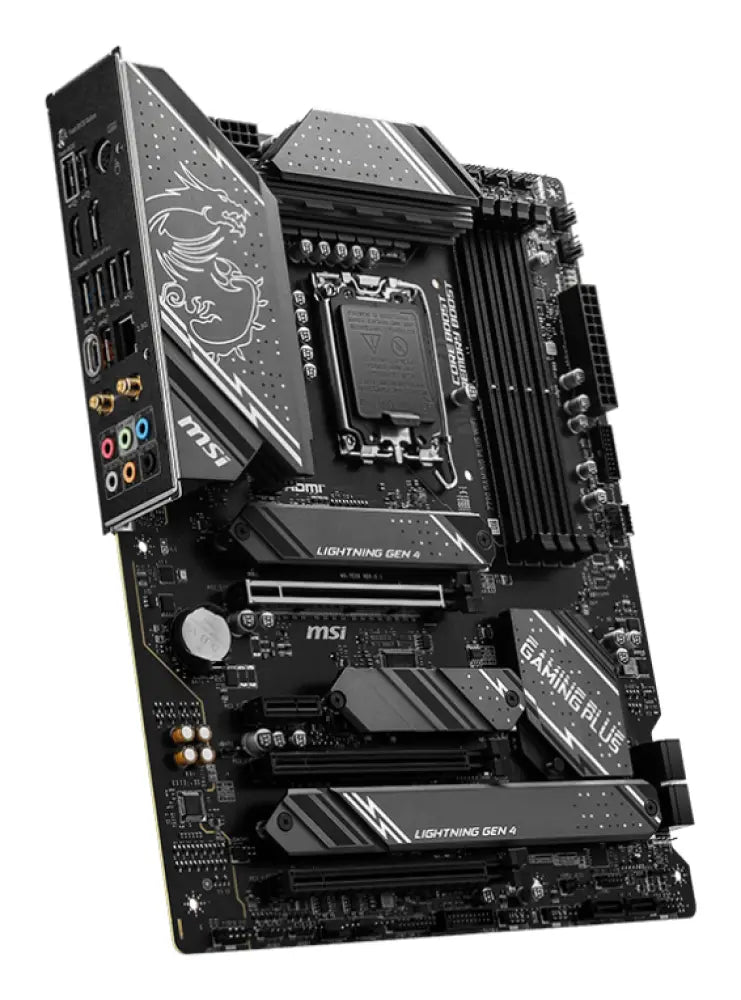 Placa base MSI Z790 GAMING PLUS WIFI para Intel LGA 1700, formato ATX, con conexiones y disipador de colores gris y negro