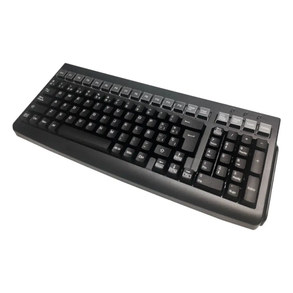 Teclado USB universal Mustek MKB-800M en color negro con teclado en español, diseño compacto y compatible con computadoras.