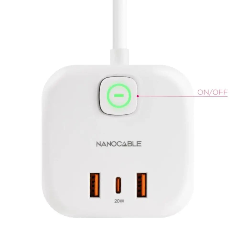 Regleta Nanocable con base de enchufe, 3 puertos USB C y interruptor, ideal para cargar dispositivos electrónicos.