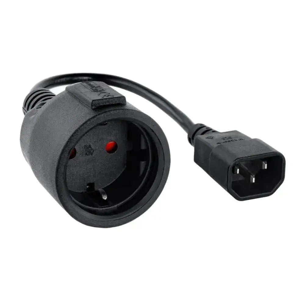Cable adaptador NANOCABLE C14/M a CEE7/H, 25cm, accesorio para SAI, con conector macho C14 y hembra CEE7/H.