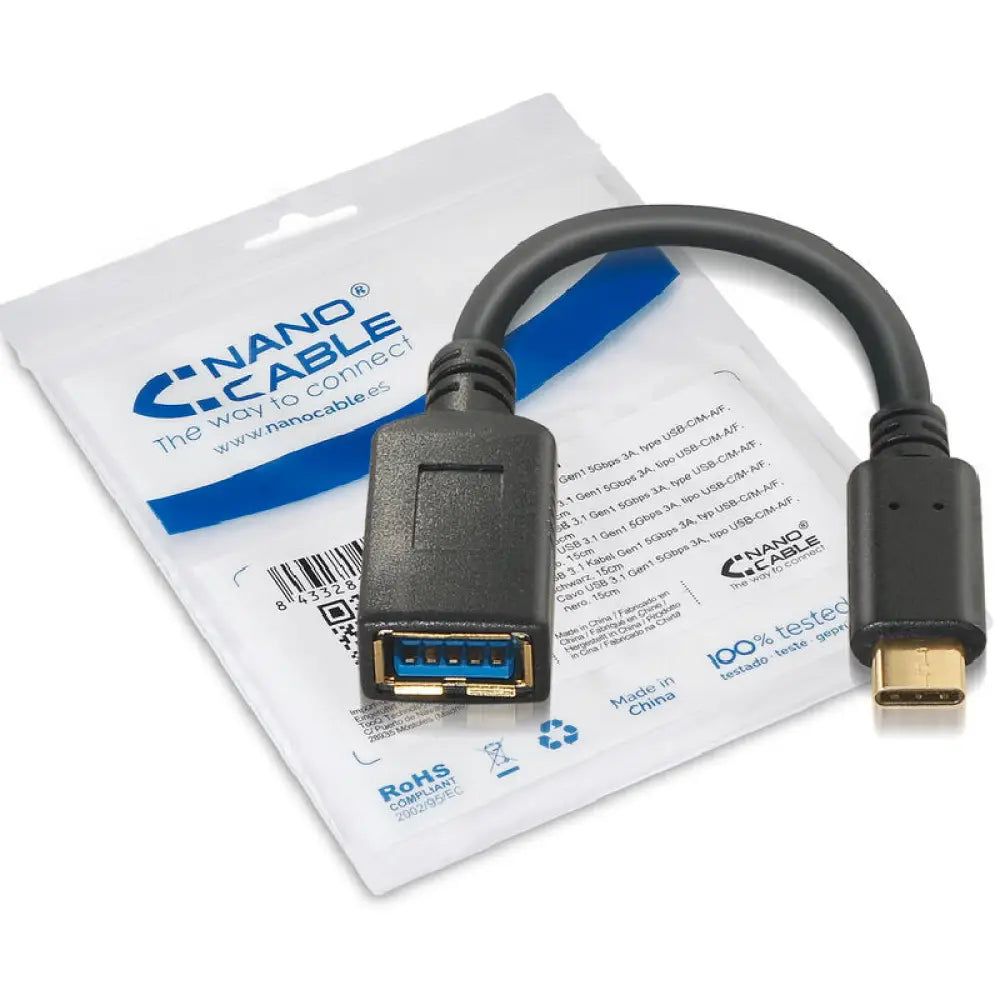 Nanocable Cable USB 3.1 Gen1 3A, USB-C/M-A/F, 15cm - detalle