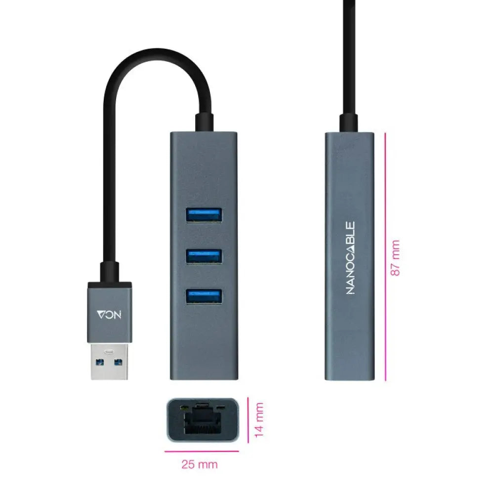 Nanocable Conversor USB 3.0 Ethernet + 3xUSB 3.0 - detalle