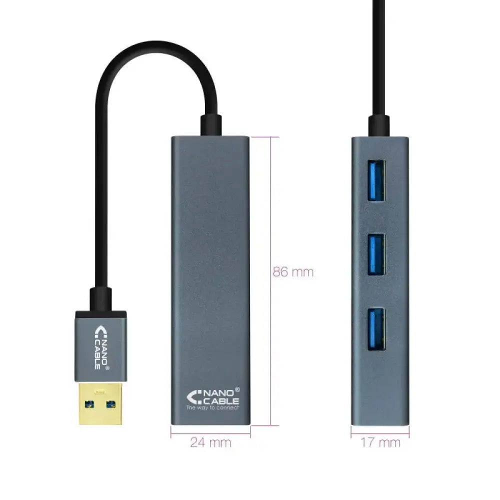 Nanocable Hub USB 3.0 4 x USB 3.0 10cm. Gris - detalle