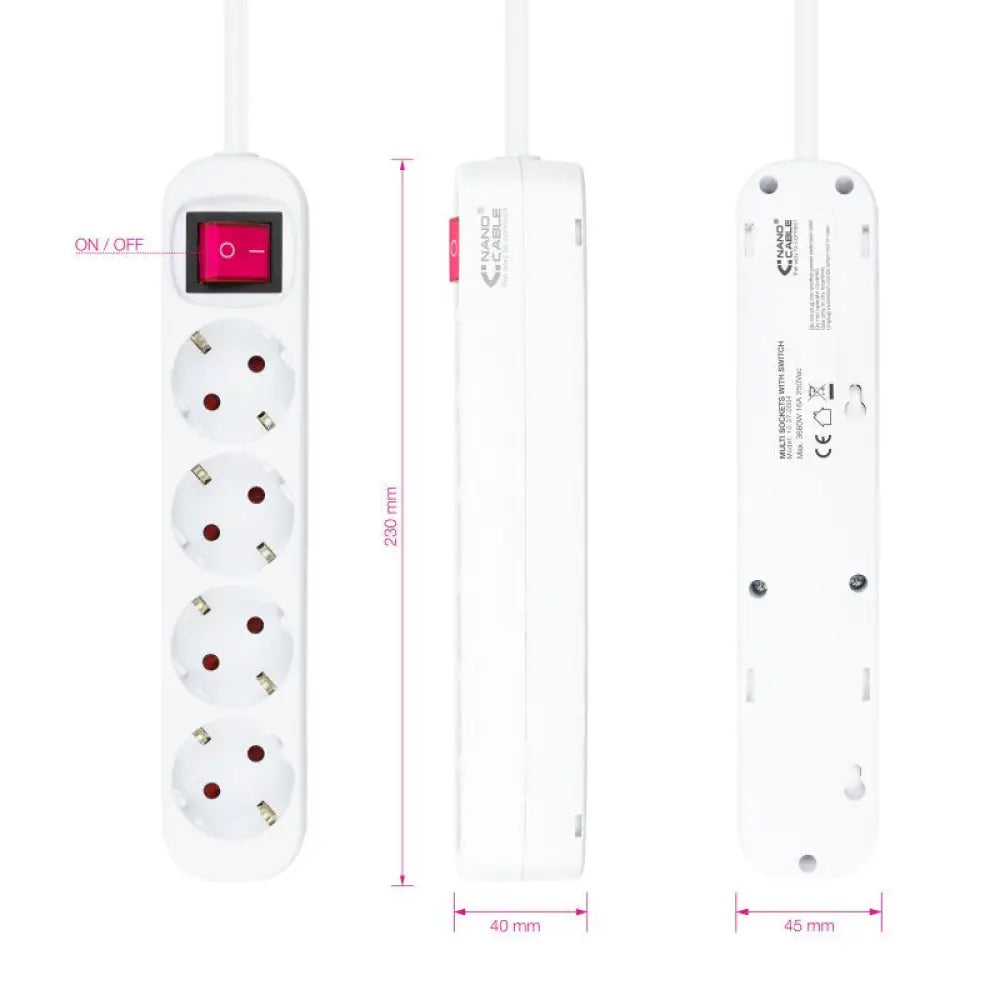 Nanocable Regleta 4 tomas con interruptor Blanca - detalle