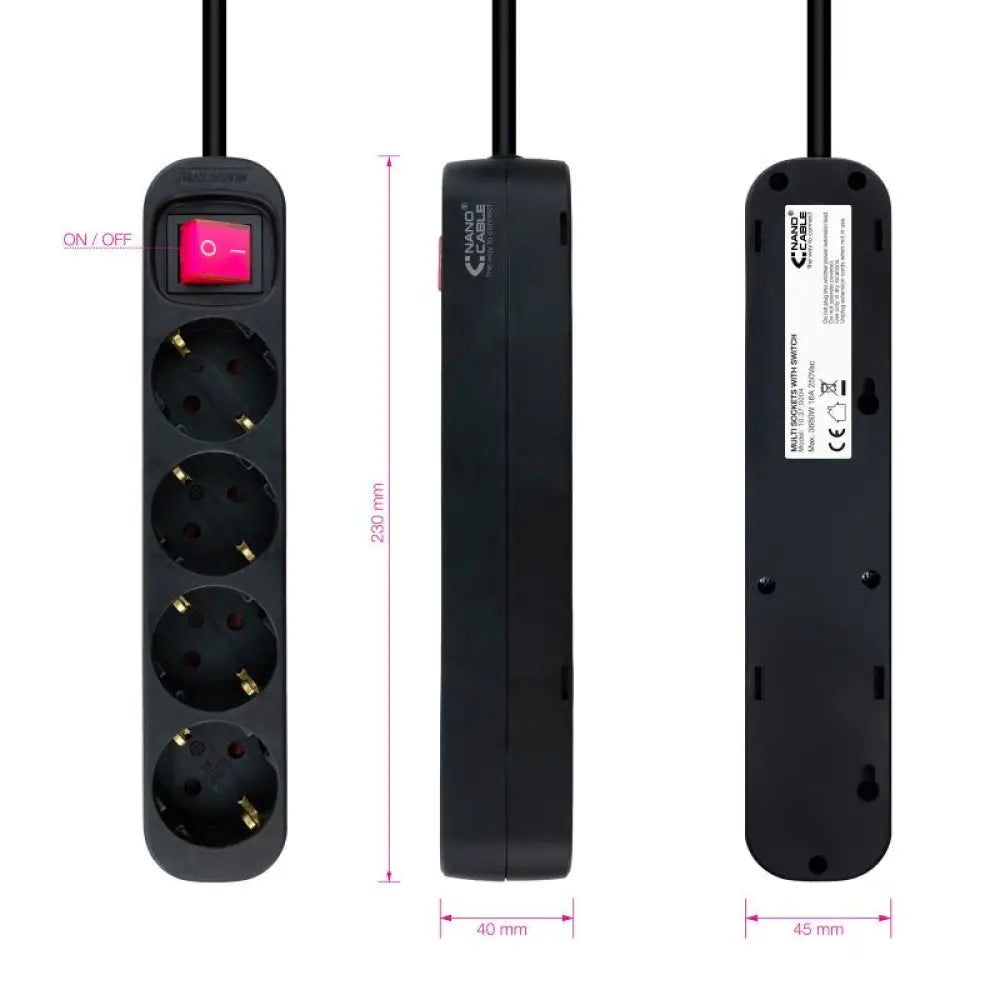 Nanocable Regleta 4 tomas con interruptor Negro - detalle
