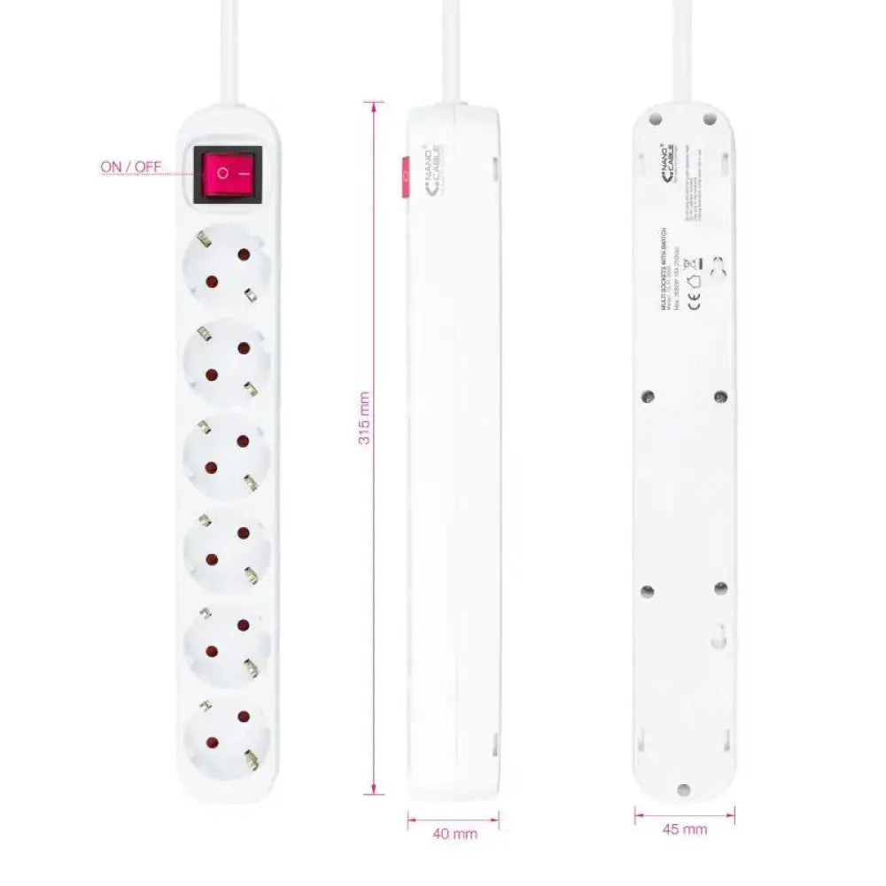 Nanocable Regleta 6 tomas con interruptor Blanca - detalle