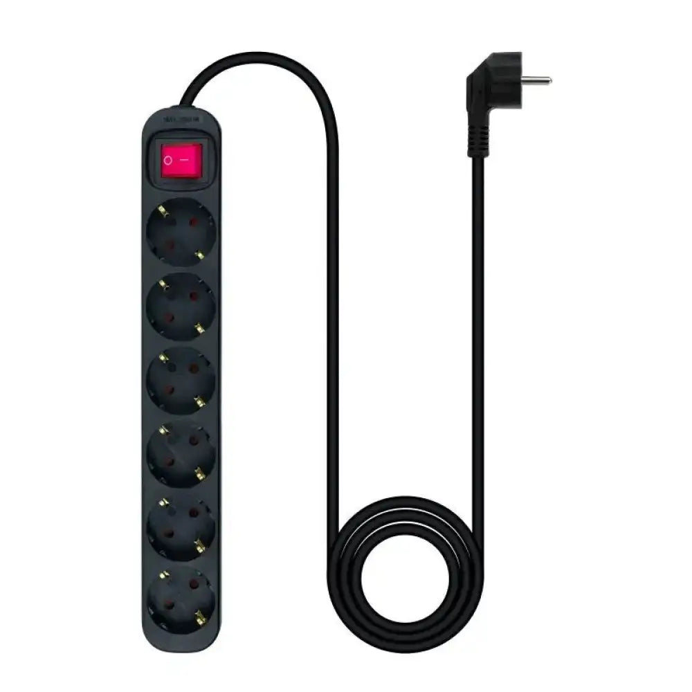Regleta NANOCABLE negra con 6 tomas y interruptor, diseñada para conectar múltiples dispositivos eléctricos.