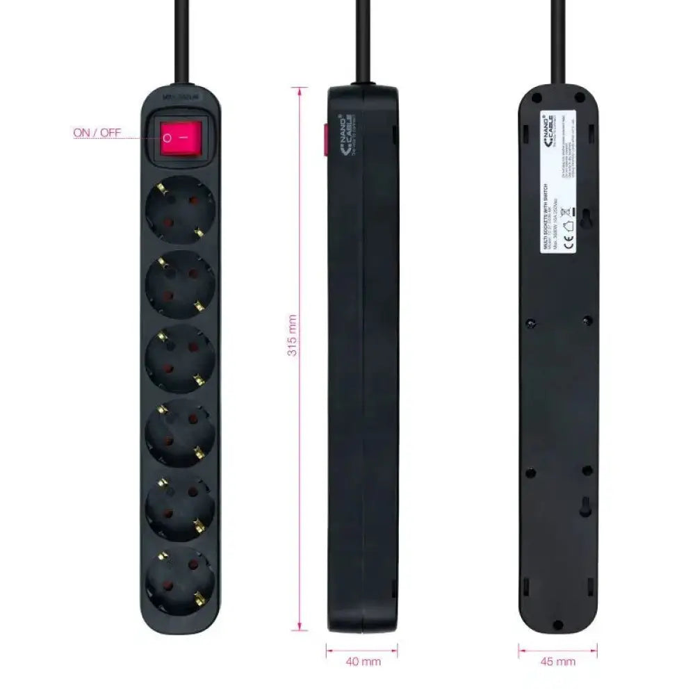 Regleta NANOCABLE de 6 tomas con interruptor en color negro, para conectar múltiples dispositivos eléctricos.