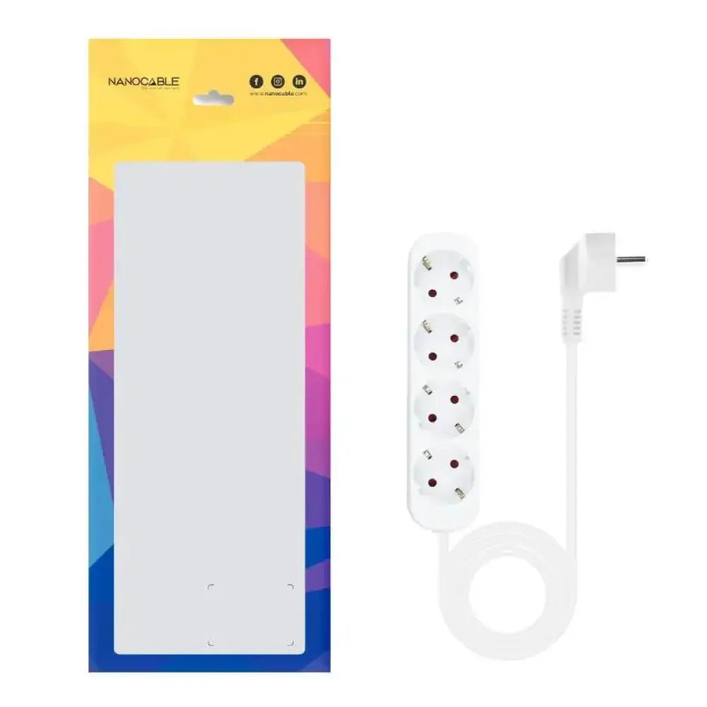 Regleta de enchufes NANOCABLE con 4 tomas y cable de 1.4 m en color blanco, diseñada para conectar múltiples dispositivos.