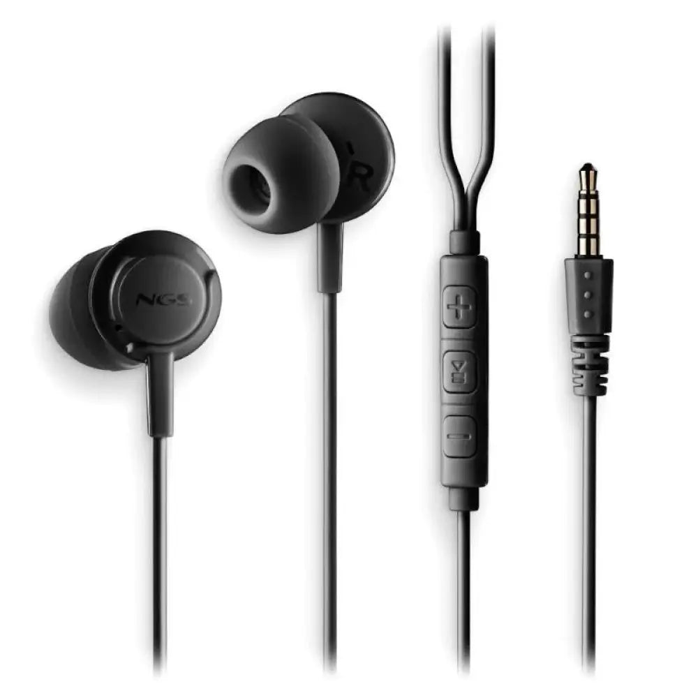 Auriculares estéreo NGS con micrófono y cable jack 3.5 mm, diseño compacto y cómodo para uso diario.