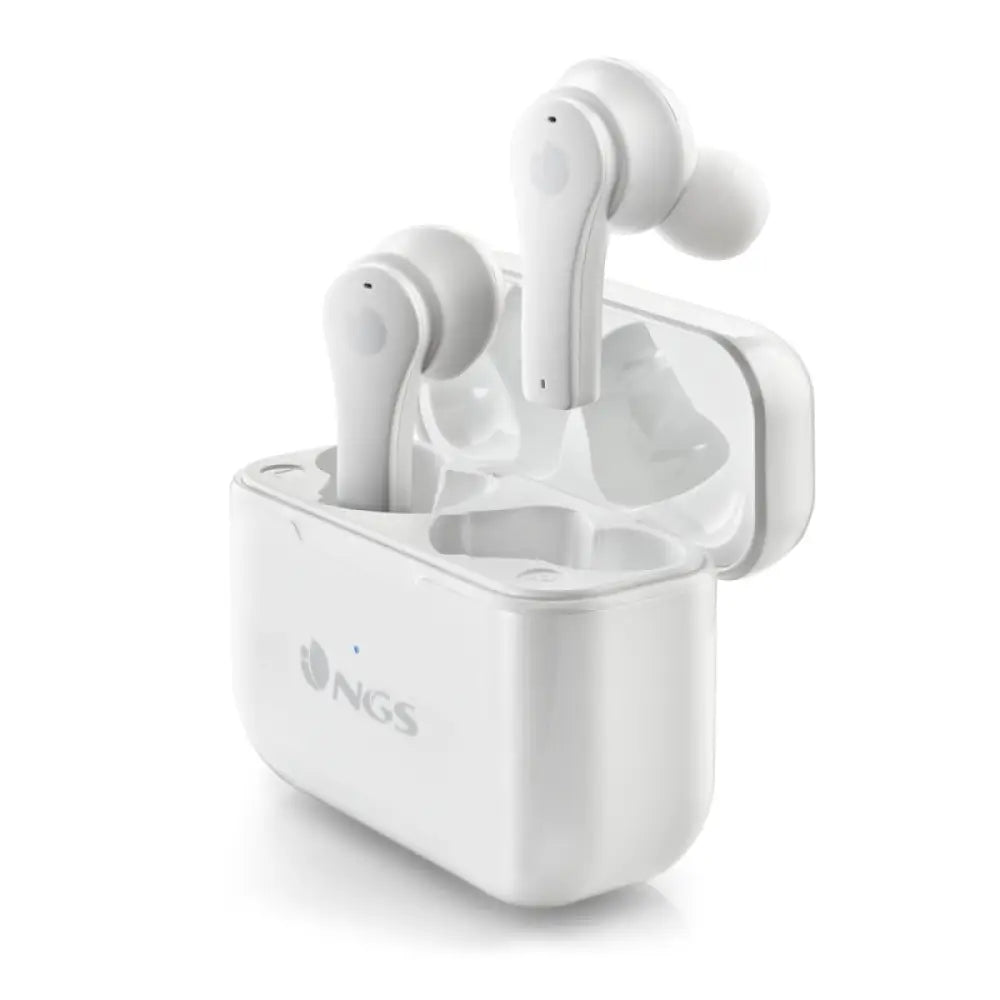 Auriculares NGS ARTICABLOOMWHITE con micrófono, diseño en color blanco, visibles en la imagen con cable y diadema ajustable.