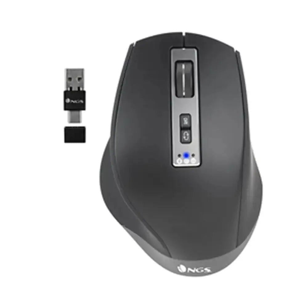 Ratón inalámbrico NGS Blur-RB con diseño ergonómico y botones laterales, compatible con múltiples dispositivos.