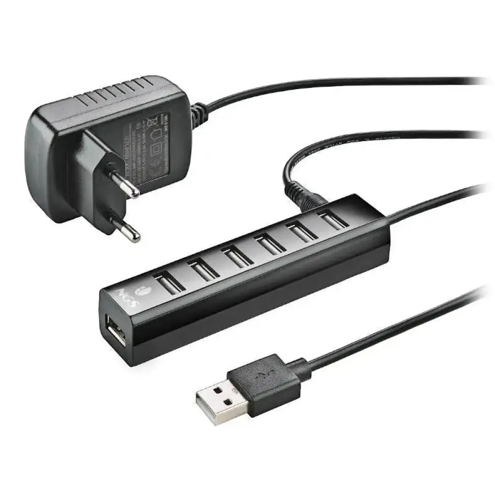 Hub USB NGS de 7 puertos 2.0 con adaptador de corriente, dispositivo para conectar múltiples periféricos USB.