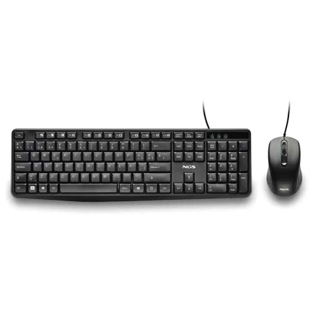 Teclado y ratón con cable NGS Cocoa, diseño compacto y ergonómico, en color negro, con cables conectados en la imagen.
