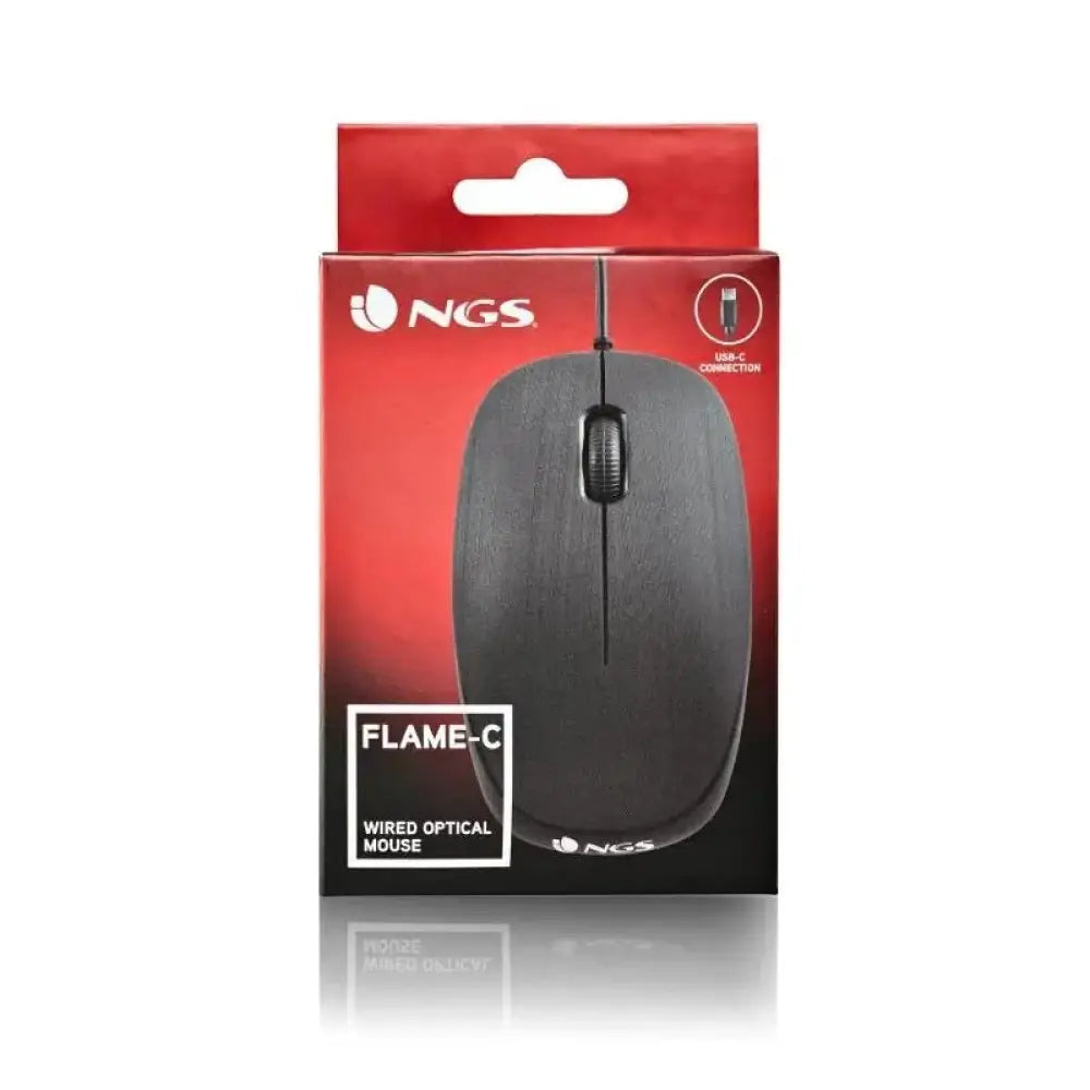 Ratón con cable NGS Flame-C Óptico, diseño en llamas, con botones laterales y cable resistente para uso en oficina y juegos.