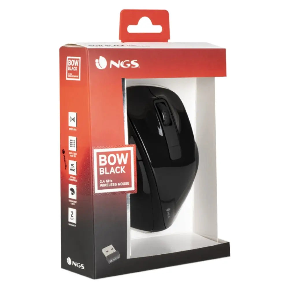 Ratón inalámbrico NGS BOWBLACK con tecnología 2.4 GHz y resolución de 16000 DPI, negro, en un entorno de oficina.
