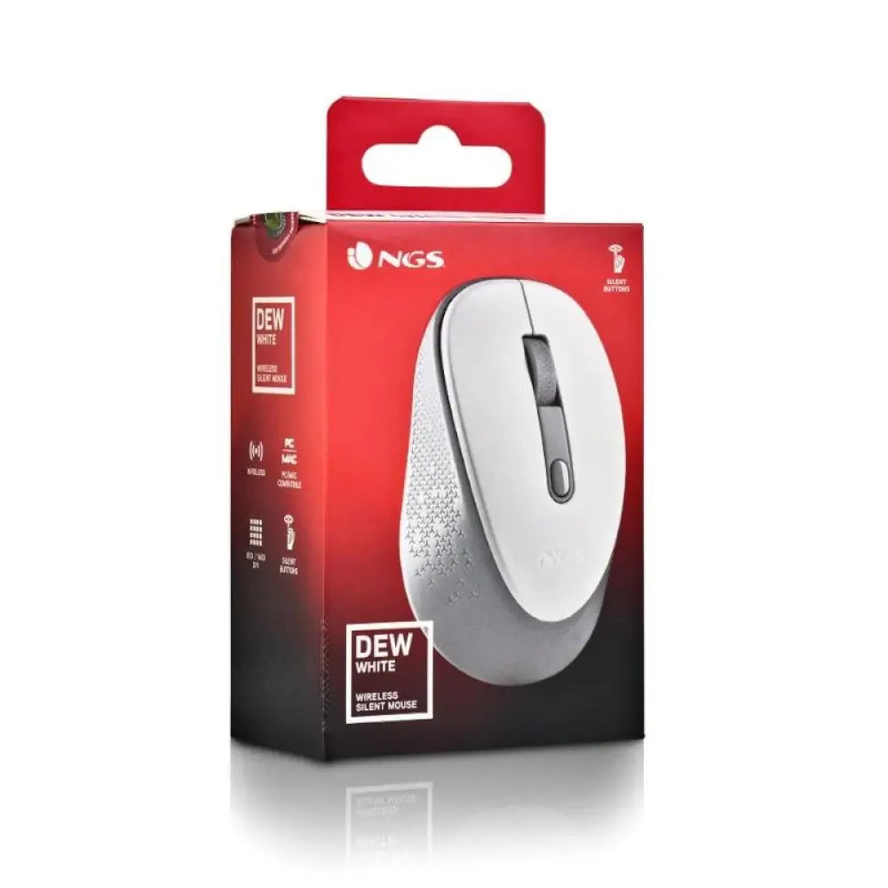 Ratón inalámbrico NGS en color blanco con 800/1600 DPI, diseño ergonómico y conexión inalámbrica para computadora.