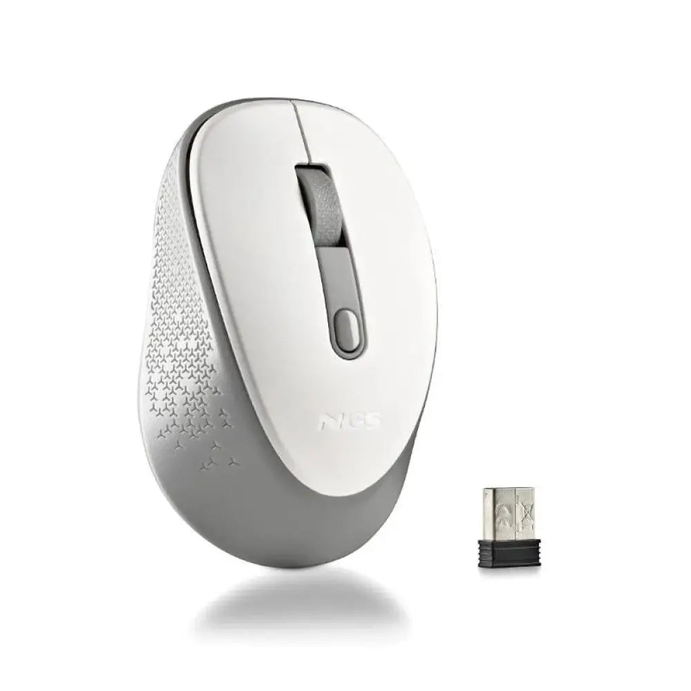 Ratón inalámbrico NGS en color blanco con sensibilidad ajustable de 800 y 1600 DPI, vista frontal del dispositivo.
