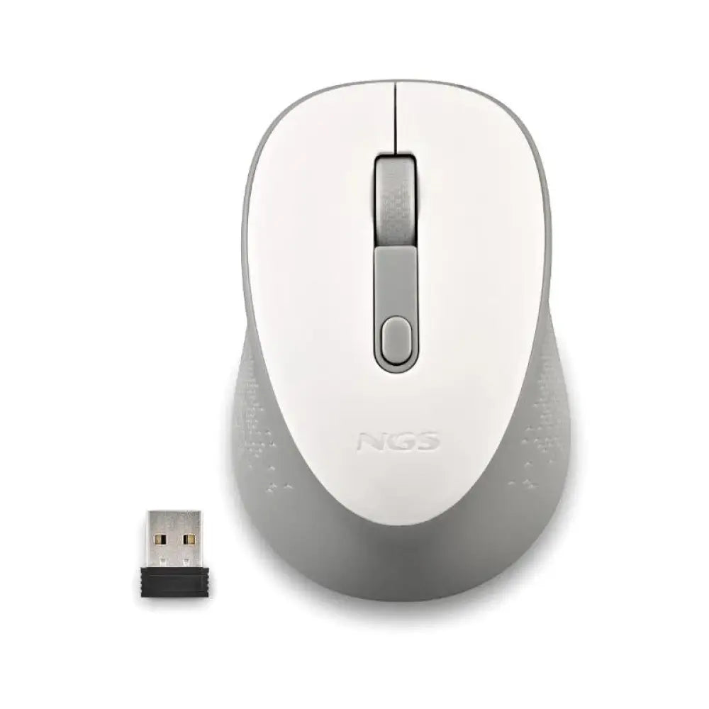 Ratón inalámbrico NGS en color blanco con sensibilidad de 800/1600 DPI, diseño ergonómico y conexión inalámbrica.