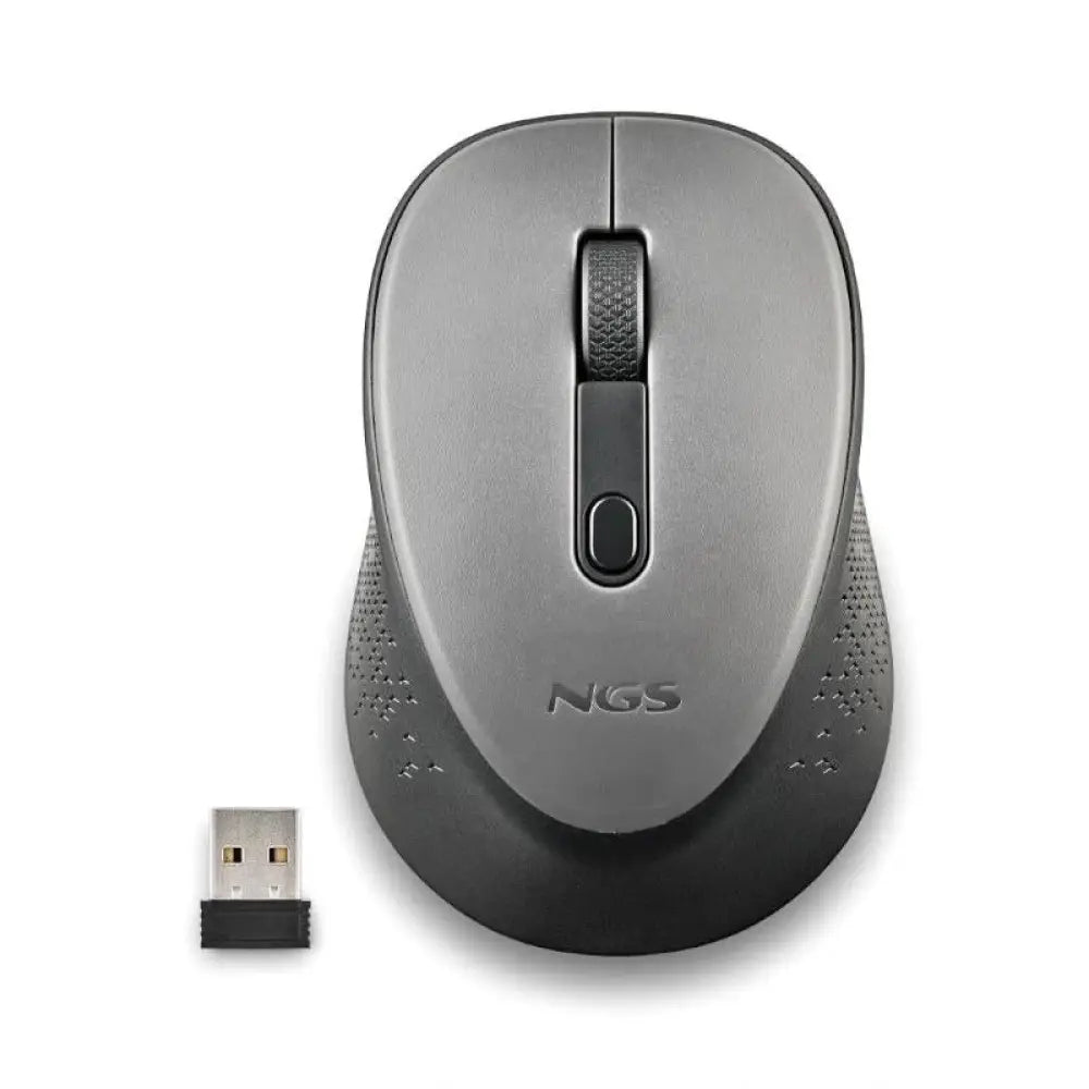 Ratón inalámbrico NGS en color gris con sensor de 800/1600 DPI, diseño ergonómico y botones fáciles de usar.
