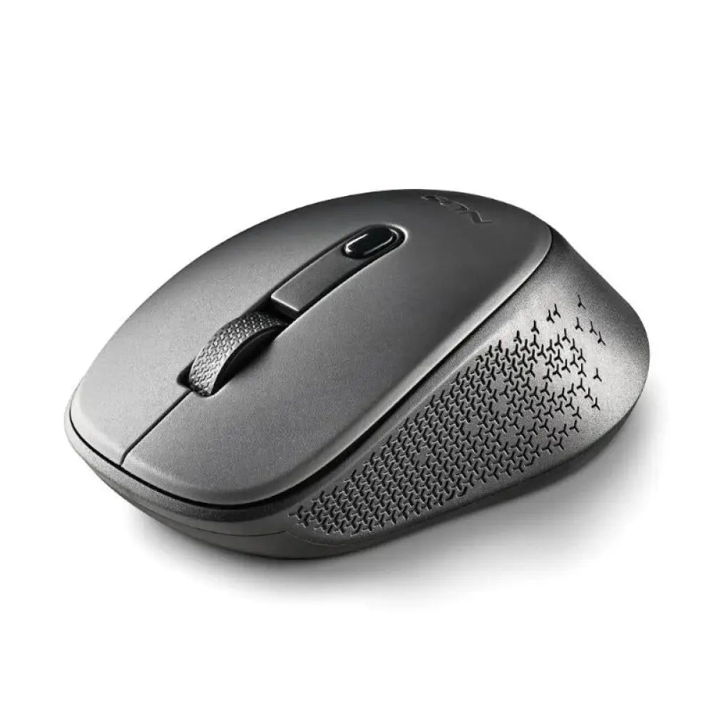 Ratón inalámbrico NGS gris con resolución de 800/1600 DPI, vista lateral mostrando botones y diseño ergonómico.