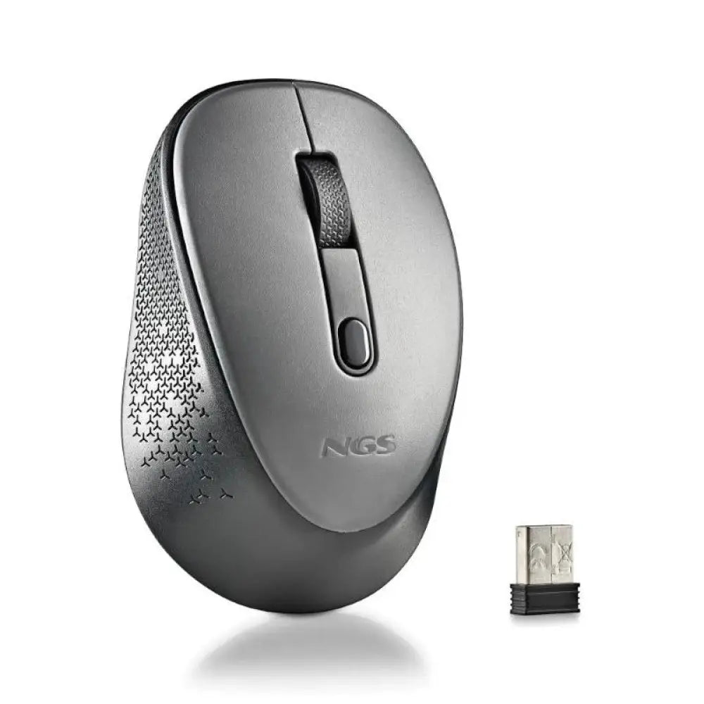 Ratón inalámbrico NGS gris con resolución 800/1600 DPI, diseño ergonómico y conectividad sin cables.