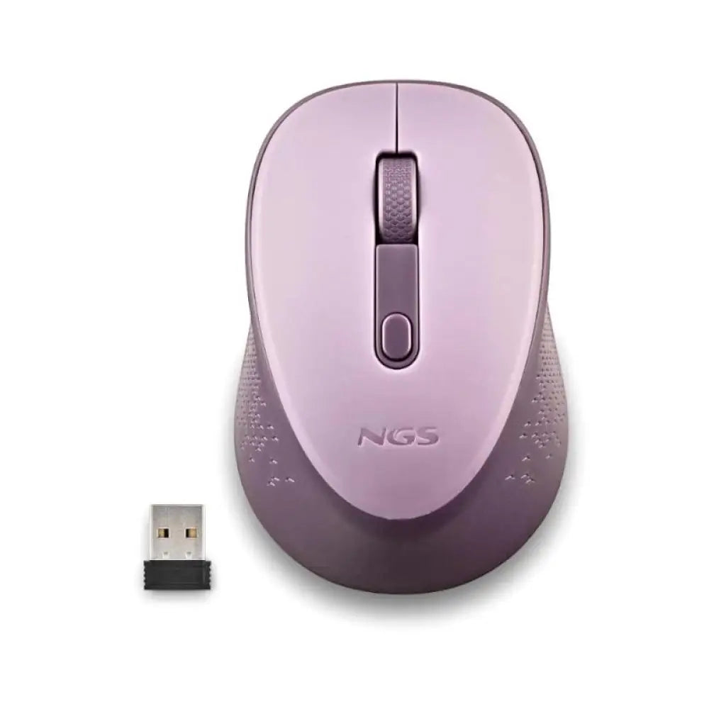 Ratón inalámbrico NGS en color lila con sensibilidad ajustable de 800 y 1600 DPI sobre superficie clara.