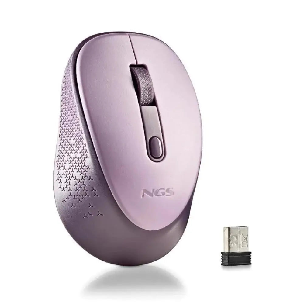 Ratón inalámbrico NGS en color lila con resolución 800/1600 DPI, diseño ergonómico y botones laterales.