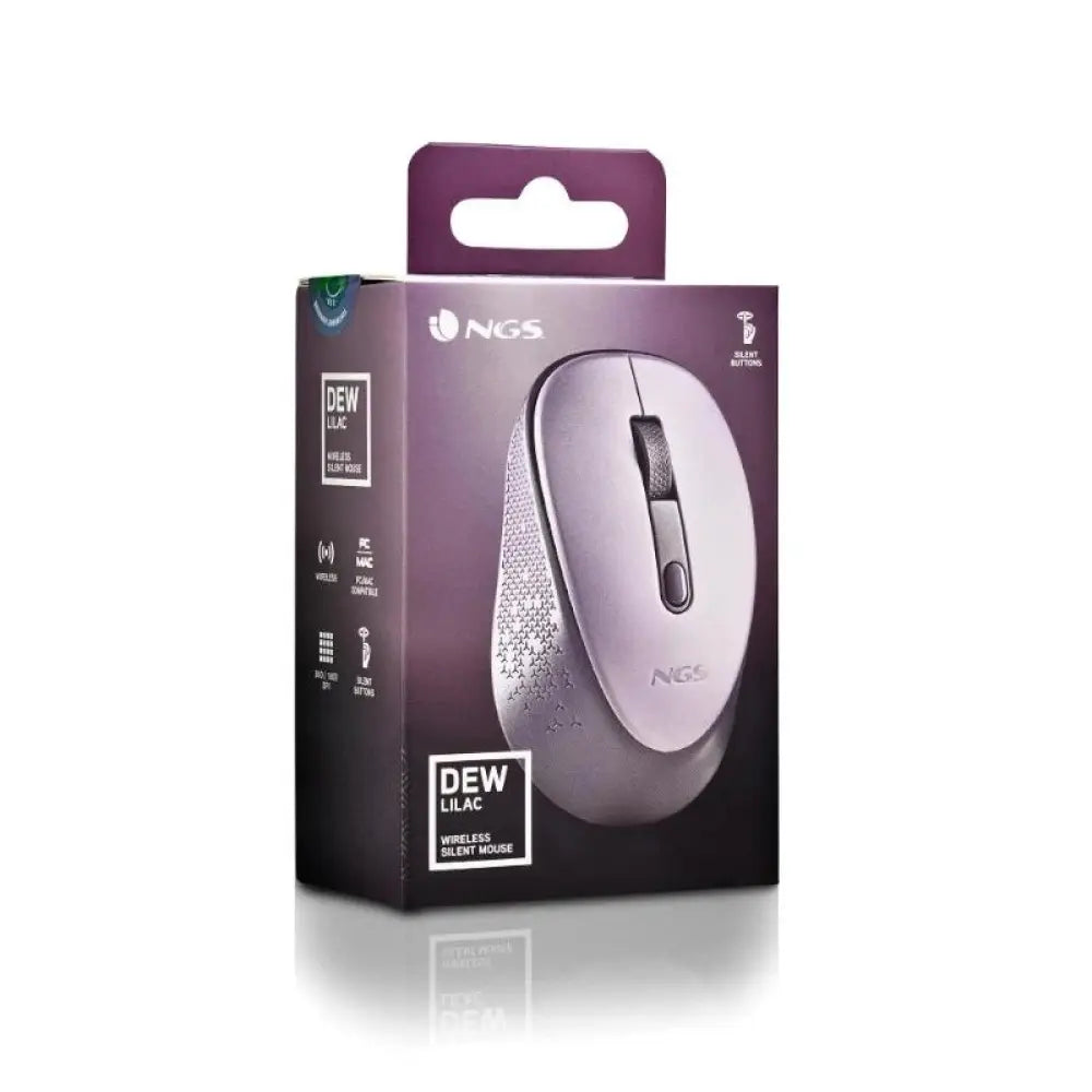 Ratón inalámbrico NGS en color lila con resolución 800/1600 DPI, diseño ergonómico y conexión inalámbrica confiable.