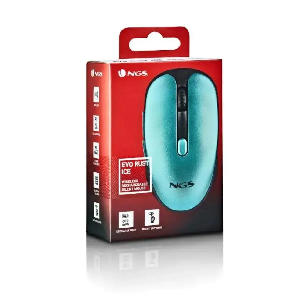 Ratón inalámbrico recargable silencioso NGS en color hielo, con diseño compacto y botones laterales para mayor comodidad.