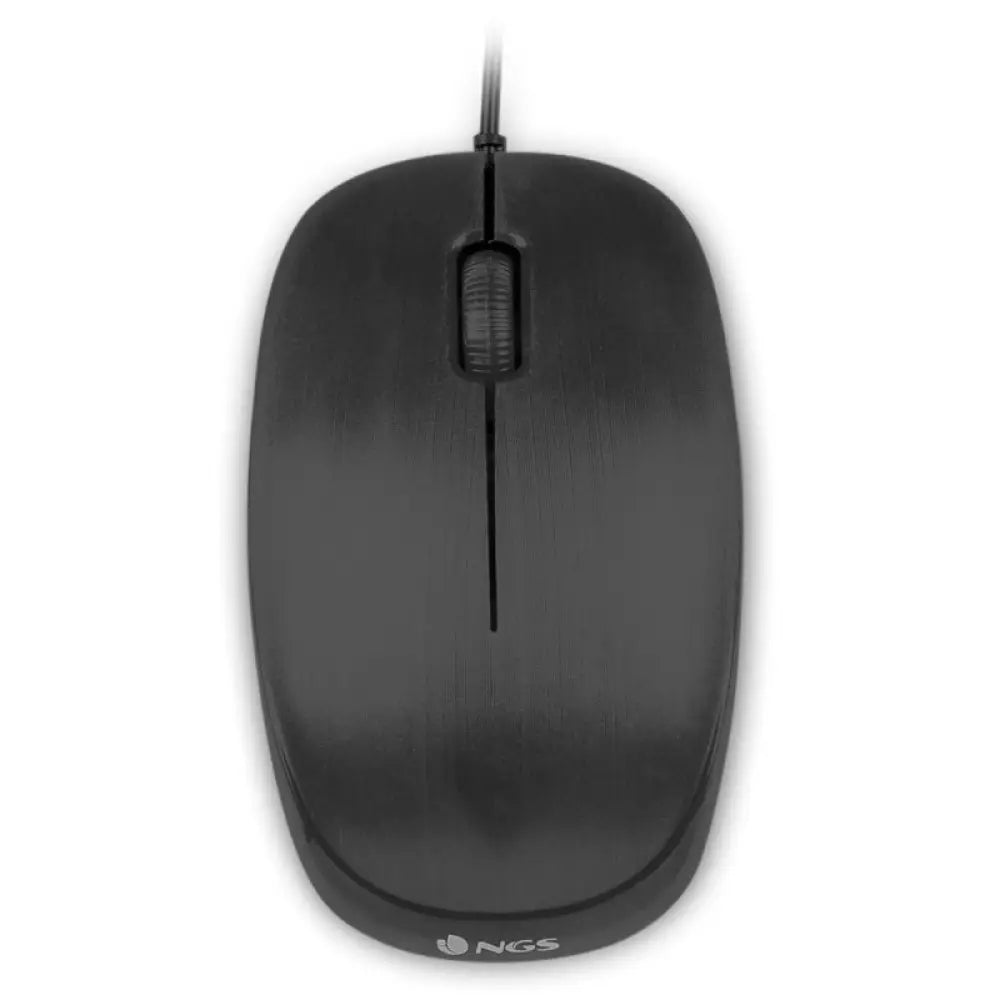 Ratón óptico con cable NGS Flame negro, 1000 DPI, vista frontal mostrando botones y diseño ergonómico.